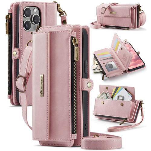 iPhone 13 Pro CaseMe C39 RFID Blocking Zipper Wallet Leather Phone Case with Crossbody Strap - Pink
