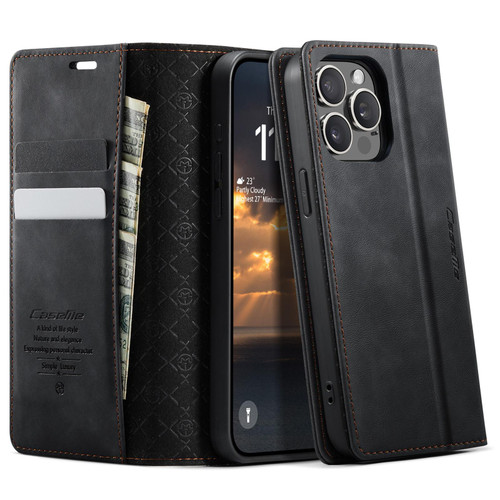iPhone 13 Pro Max CaseMe 033 Calf Leather Lining Microfibre RFID Blocking Phone Case - Black