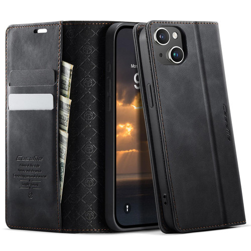 iPhone 14 Plus CaseMe 033 Calf Leather Lining Microfibre RFID Blocking Phone Case - Black
