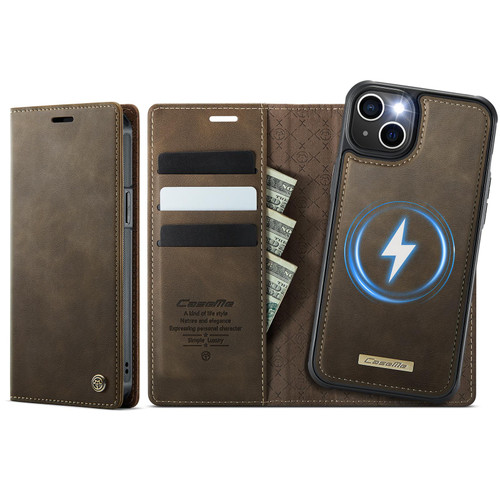 iPhone 15 CaseMe C49 MagSafe RFID Blocking Detachable Wallet Leather Phone Case - Coffee