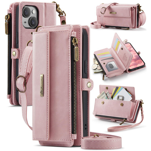 iPhone 15 Plus CaseMe C39 RFID Blocking Zipper Wallet Leather Phone Case with Crossbody Strap - Pink