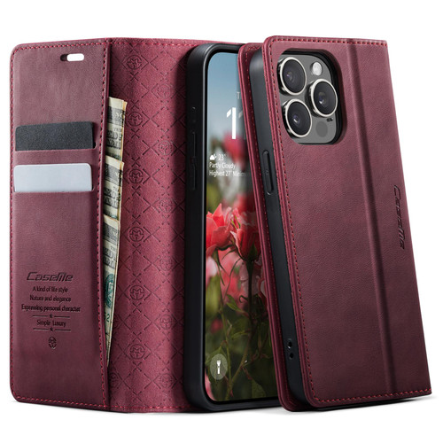 iPhone 15 Pro Max CaseMe 033 Calf Leather Lining Microfibre RFID Blocking Phone Case - Red