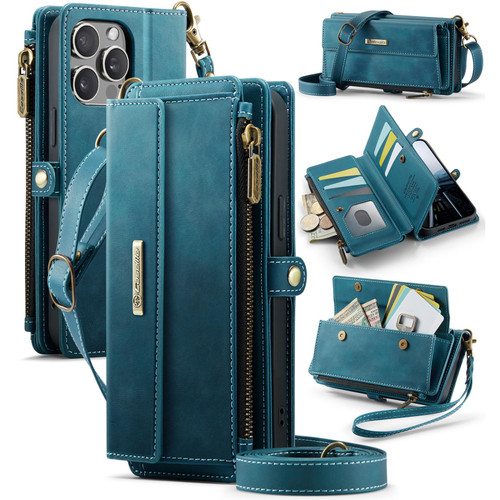 iPhone 15 Pro Max CaseMe C39 RFID Blocking Zipper Wallet Leather Phone Case with Crossbody Strap - Green