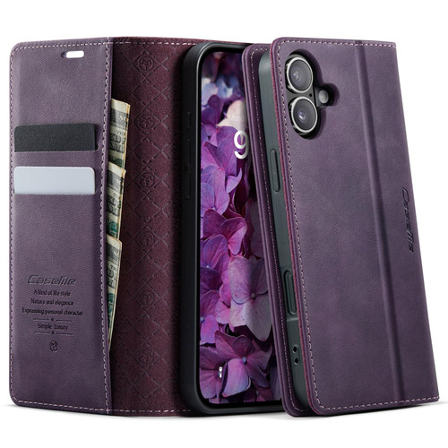 iPhone 16 Plus CaseMe 033 Calf Leather Lining Microfibre RFID Blocking Phone Case - Purple