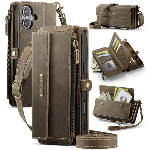 iPhone 16 Plus CaseMe C39 RFID Blocking Zipper Wallet Leather Phone Case with Crossbody Strap - Coffee