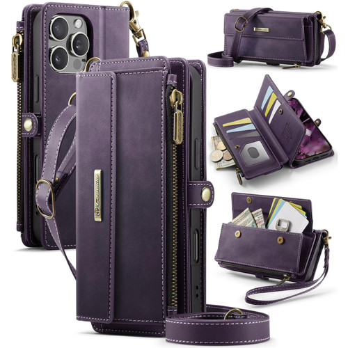 iPhone 16 Pro CaseMe C39 RFID Blocking Zipper Wallet Leather Phone Case with Crossbody Strap - Purple