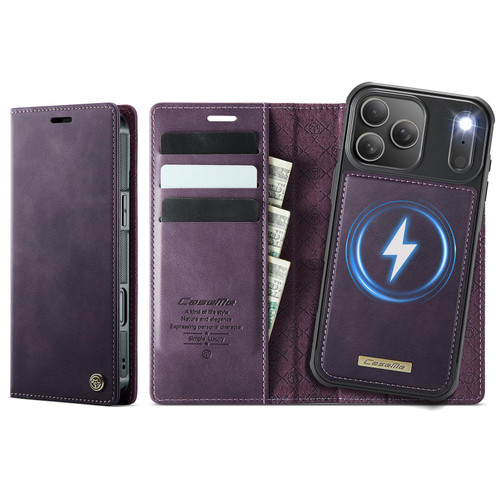 iPhone 17 Pro Max CaseMe C49 MagSafe RFID Blocking Detachable Wallet Leather Phone Case - Purple