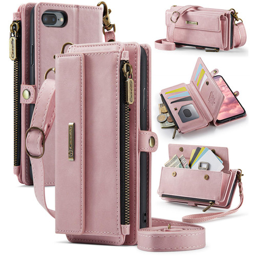 iPhone 7 Plus / 8 Plus CaseMe C39 RFID Blocking Zipper Wallet Leather Phone Case with Crossbody Strap - Pink