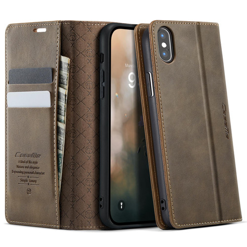 iPhone XS Max CaseMe 033 Calf Leather Lining Microfibre RFID Blocking Phone Case - Coffee