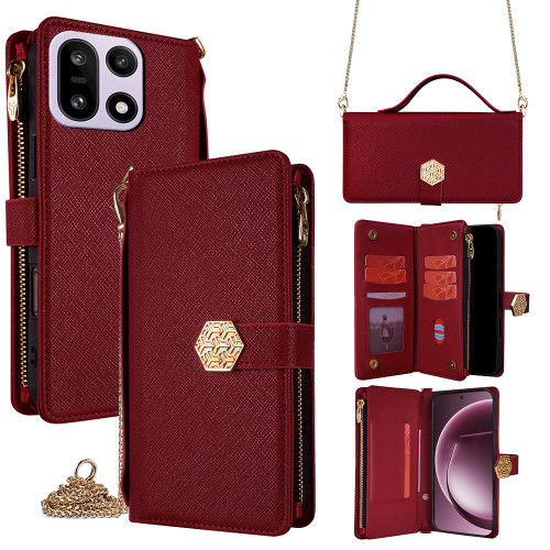 OnePlus 15 5G Crossbody Handle Cross Texture Leather Phone Case - Red