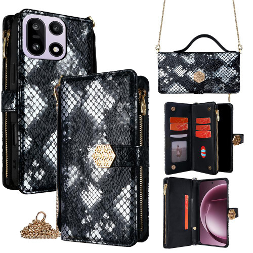 OnePlus 15 5G Crossbody Handle Snake Texture Leather Phone Case - Black