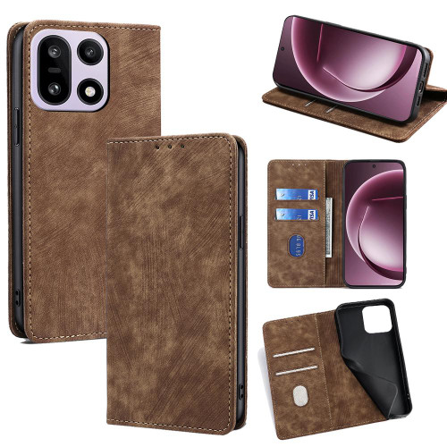 OnePlus 15 5G RFID Anti-theft Brush Magnetic Leather Phone Case - Brown