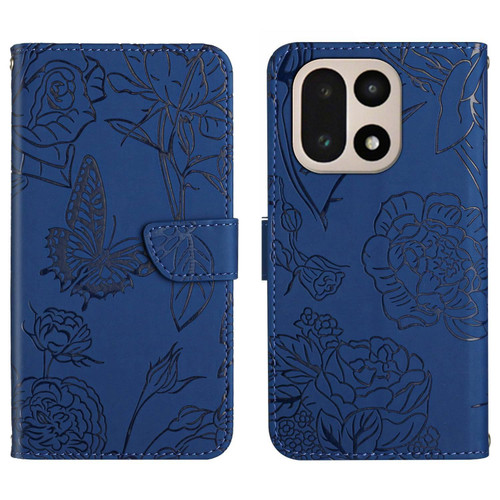 OnePlus 15 5G Skin Feel Butterfly Peony Embossed Leather Phone Case - Blue