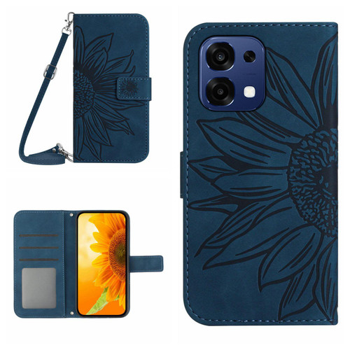 OnePlus 15 5G Skin Feel Sun Flower Embossed Leather Phone Case with Lanyard - Inky Blue
