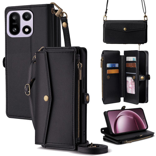 OnePlus 15 5G Zipper Wallet Side Buckle Crossbody Lanyard Leather Phone Case - Black