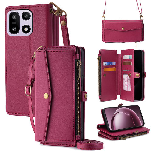 OnePlus 15 5G Zipper Wallet Side Buckle Crossbody Lanyard Leather Phone Case - Red