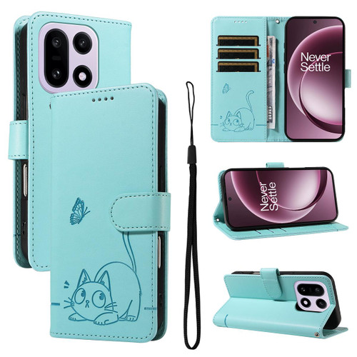 OnePlus 15 Adorable Cat Embossed Pattern Flip Leather Phone Case - Green