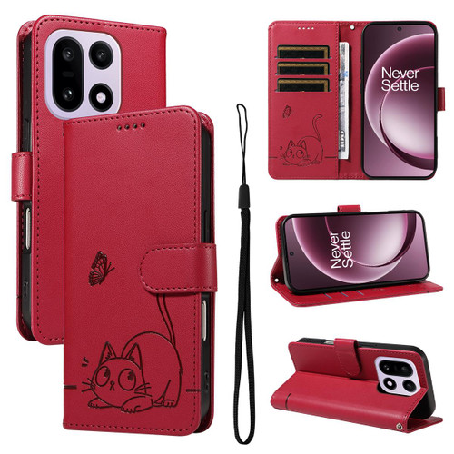 OnePlus 15 Adorable Cat Embossed Pattern Flip Leather Phone Case - Red