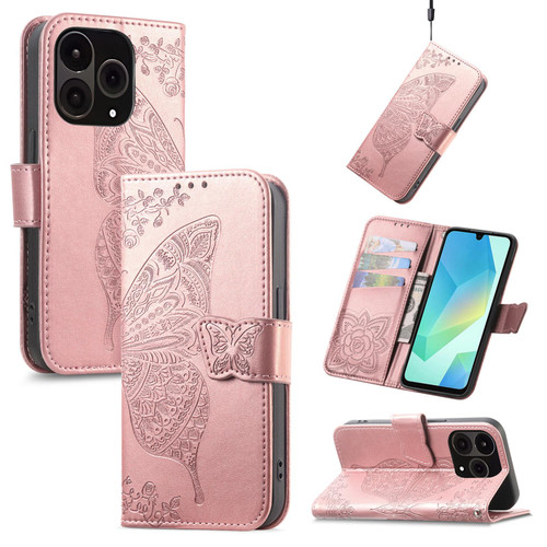 OnePlus 15 Butterfly Love Flower Embossed Leather Phone Case - Rose Gold