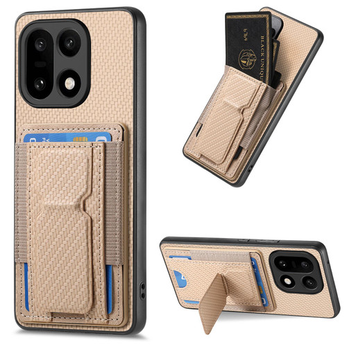 OnePlus 15 Carbon Fiber Fold Stand Elastic Card Bag Phone Case - Khaki