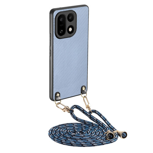 OnePlus 15 Carbon Fiber Texture Leather Back Cover Phone Case with Crossbody Strap - Blue