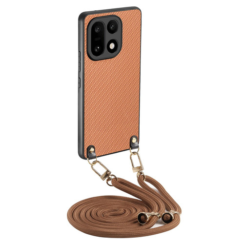 OnePlus 15 Carbon Fiber Texture Leather Back Cover Phone Case with Crossbody Strap - Brown