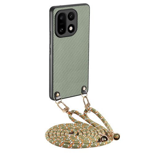 OnePlus 15 Carbon Fiber Texture Leather Back Cover Phone Case with Crossbody Strap - Green