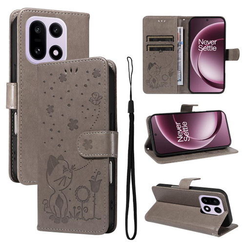 OnePlus 15 Cat and Bee Embossed Flip Leather Phone Case - Grey