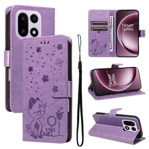 OnePlus 15 Cat and Bee Embossed Flip Leather Phone Case - Purple
