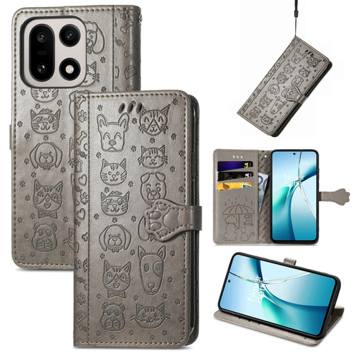 OnePlus 15 Cat and Dog Embossed Leather Phone Case - Gray