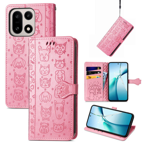 OnePlus 15 Cat and Dog Embossed Leather Phone Case - Pink