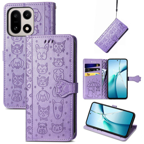 OnePlus 15 Cat and Dog Embossed Leather Phone Case - Purple