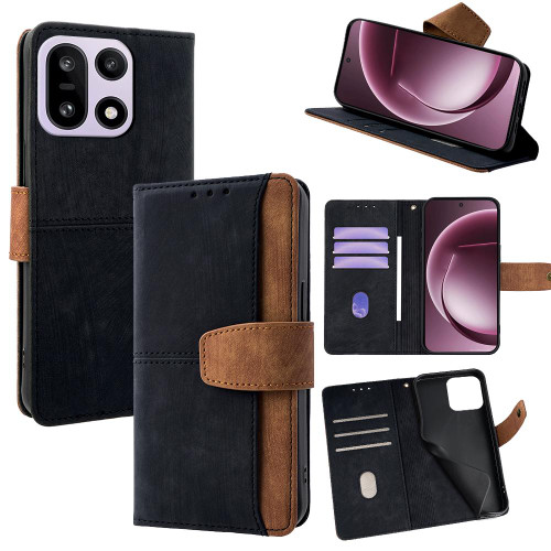 OnePlus 15 Color Stitching Skin Feel Leather RFID Blocking Phone Case - Black