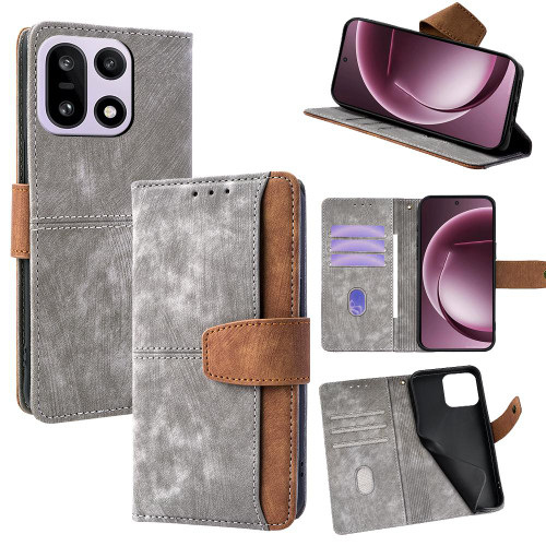 OnePlus 15 Color Stitching Skin Feel Leather RFID Blocking Phone Case - Grey
