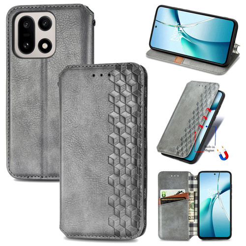 OnePlus 15 Cubic Grid Pressed Magnetic Leather Phone Case - Gray