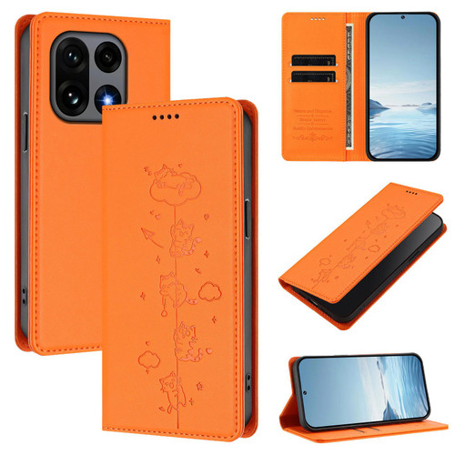 OnePlus 15 Cute Cats Embossed Magnetic RFID Vegan Leather Phone Case - Orange