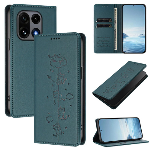 OnePlus 15 Cute Cats Embossed Magnetic RFID Vegan Leather Phone Case - Peacock Green