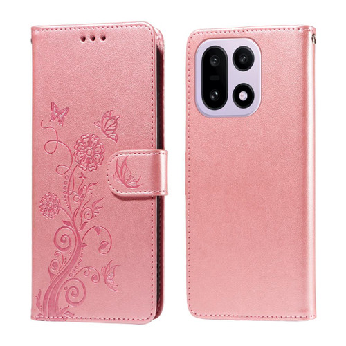 OnePlus 15 Embossed Butterfly Flowers Leather Phone Case - Rose Gold