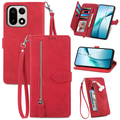 OnePlus 15 Embossed Flower Zipper Leather Phone Case - Red