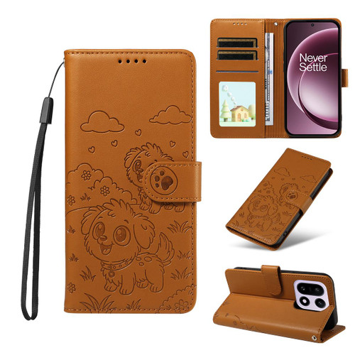 OnePlus 15 Embossed Heart Dog RFID Blocking Wallet Leather Phone Case - Brown