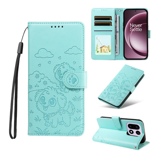 OnePlus 15 Embossed Heart Dog RFID Blocking Wallet Leather Phone Case - Green