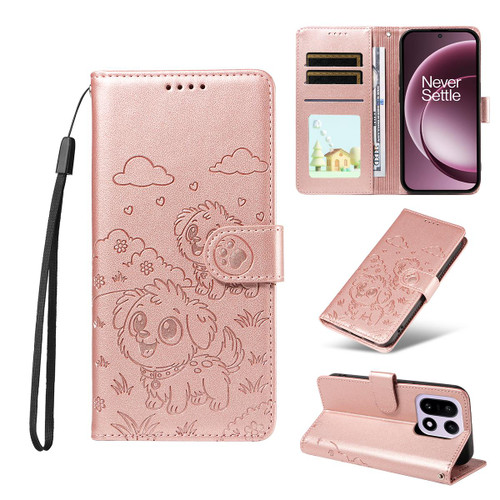 OnePlus 15 Embossed Heart Dog RFID Blocking Wallet Leather Phone Case - Rose Gold