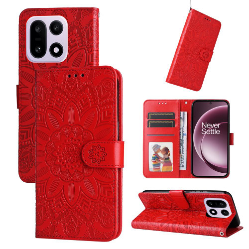 OnePlus 15 Embossed Sunflower Leather Phone Case - Red