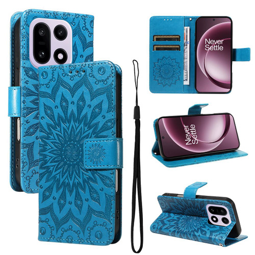 OnePlus 15 Embossed Sunflower Pattern Flip Leather Phone Case - Blue