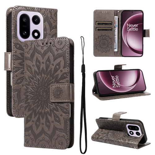 OnePlus 15 Embossed Sunflower Pattern Flip Leather Phone Case - Grey