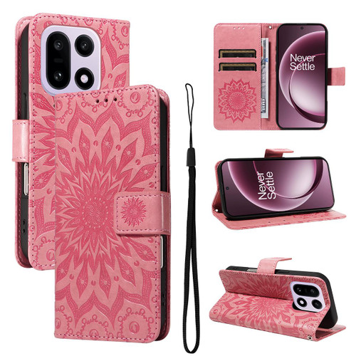 OnePlus 15 Embossed Sunflower Pattern Flip Leather Phone Case - Pink