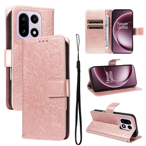 OnePlus 15 Embossed Sunflower Pattern Flip Leather Phone Case - Rose Gold