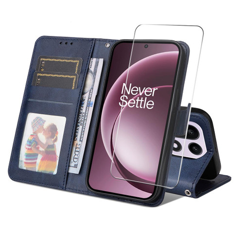 OnePlus 15 ENKAY Card Wallet Calf Texture Leather Phone Case with 0.18mm High Aluminum-silicon Glass Film - Blue