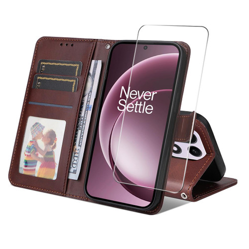 OnePlus 15 ENKAY Card Wallet Calf Texture Leather Phone Case with 0.18mm High Aluminum-silicon Glass Film - Brown