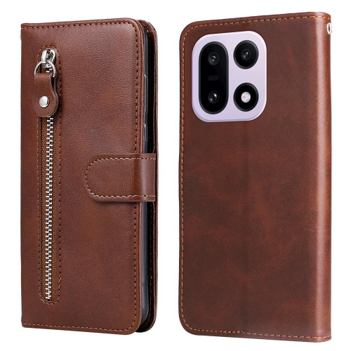 OnePlus 15 Fashion Calf Texture Zipper Leather Phone Case - Brown